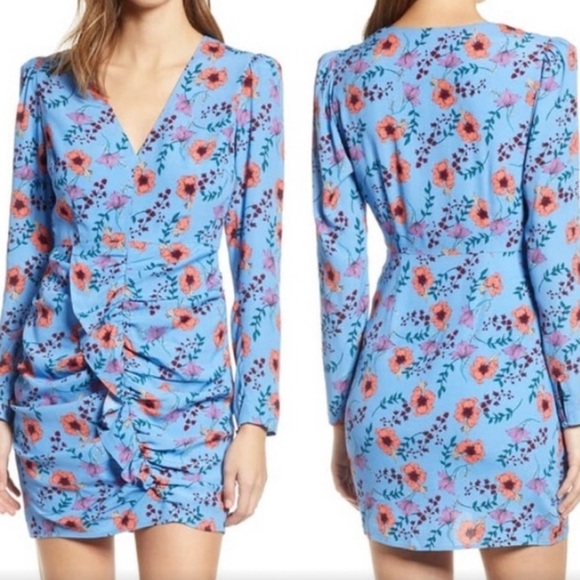 EU ASTR Ruffle Front Blue Floral Long Sleeve Mini Dress - Picture 1 of 12